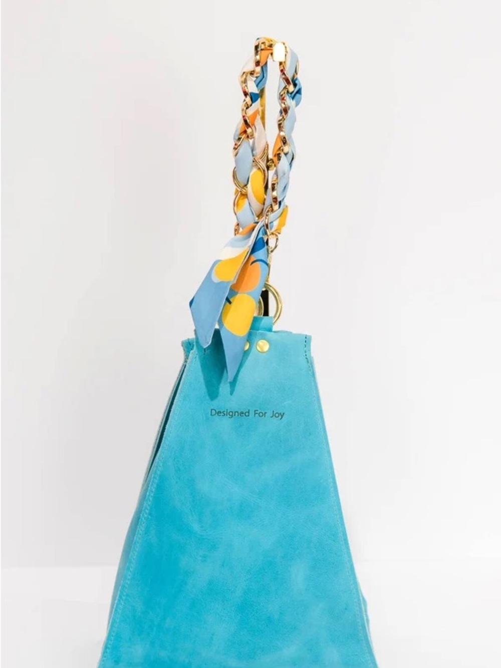 DESIGNED FOR JOY MILLIE AQUA LEATHER BUCKET BAG SCARF CHAIN
